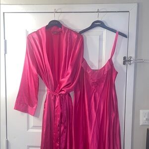Morgan Taylor Fuchsia Satin Robe and Nightgown Set